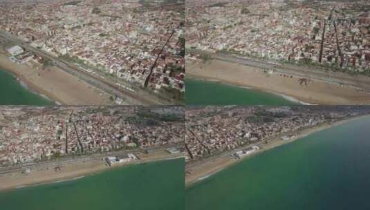 无人驾驶飞机在巴塞罗那海岸上空飞行高清在线视频素材下载