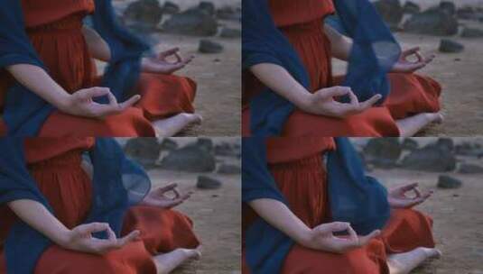 沙漠之地上的女子瑜伽姿势之手高清在线视频素材下载