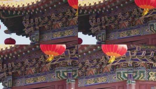 中国明清古建筑飞檐房檐琉璃瓦下悬挂灯笼高清在线视频素材下载