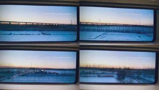 冬天高车火车车窗外落日雪景高清在线视频素材下载