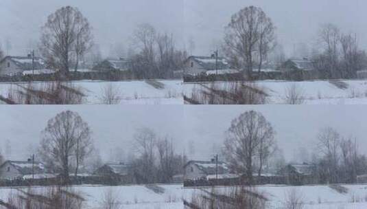 航拍东北林区下雪时山村高清在线视频素材下载