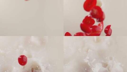 慢镜头拍摄爆浆草莓落入牛奶创意视频高清在线视频素材下载