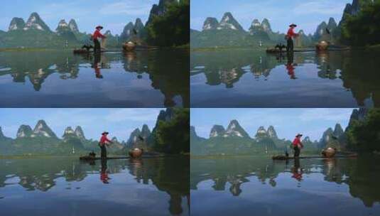 广西桂林山水渔翁撒网捕鱼高清在线视频素材下载