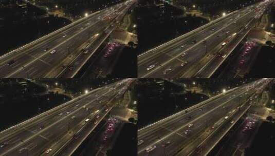 夜晚近距离固定航拍杭州城市高架桥夜景高清在线视频素材下载
