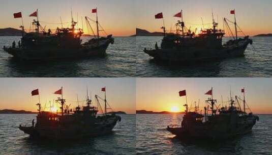 航拍唯美渔船夕阳高清在线视频素材下载