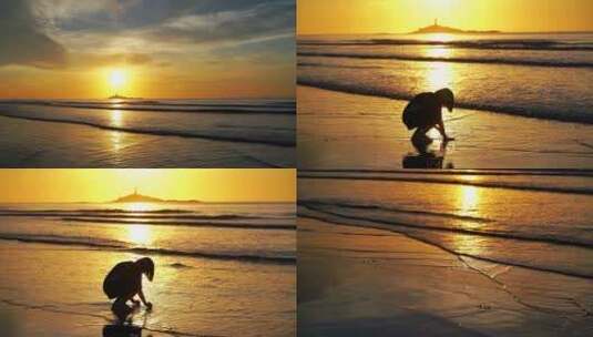 早晨阳光夕阳下短发女孩玩海水大海黄昏海面高清在线视频素材下载