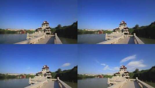 延时摄影泉州风景东湖公园楼阁亭子蓝天白云高清在线视频素材下载