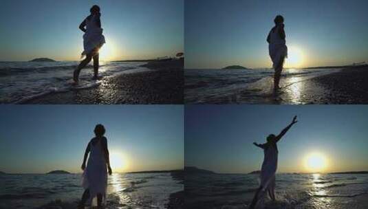 一个女人在海难上散步高清在线视频素材下载