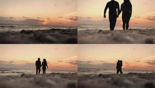 情侣走在沙滩上 情侣海边拥抱亲吻高清在线视频素材下载