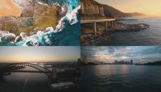 城市航拍海浪冲击海岛日出汽车海边公路悉尼高清在线视频素材下载