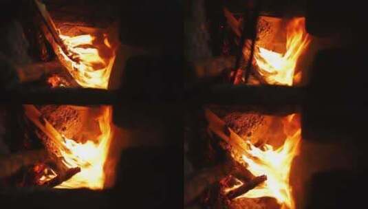 柴火炉里燃烧的木头火焰高清在线视频素材下载