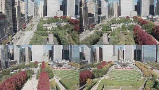 伊利诺伊州芝加哥的千禧公园，宽镜头无人机视频侧向移动。高清在线视频素材下载