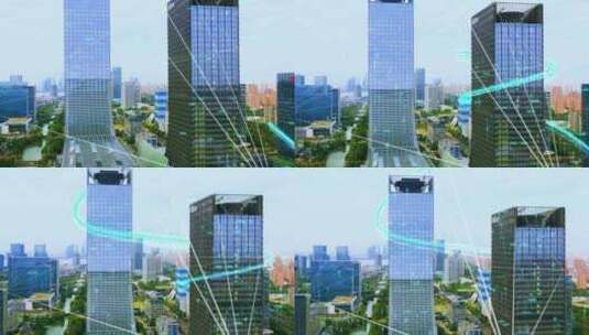 特效合成城市建筑商务中心大楼上空飞机飞过高清在线视频素材下载