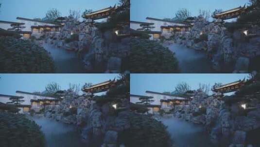 传统中式园林建筑假山夜景高清在线视频素材下载