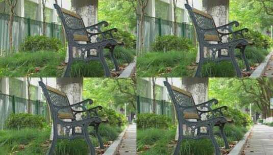 学校风景空镜头林间道椅子绿色高清在线视频素材下载
