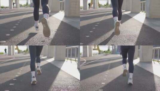 街道上奔跑的女性退步慢跑特写高清在线视频素材下载