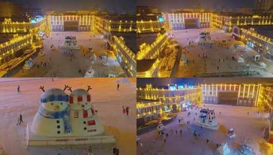 中国哈尔滨老道外中华巴洛克大雪人夜景合集高清在线视频素材下载