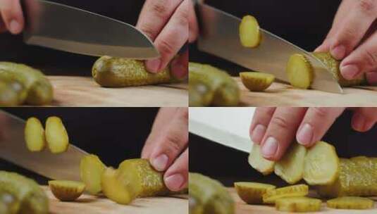 厨师用罐头黄瓜保鲜刀切片盐渍泡菜保存盐渍高清在线视频素材下载