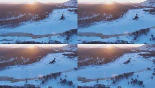 呼伦贝尔自然风光根河湿地冰河丛林夕阳雪景高清在线视频素材下载