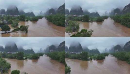 桂林阳朔暴雨漓江遇龙河河水暴涨高清在线视频素材下载