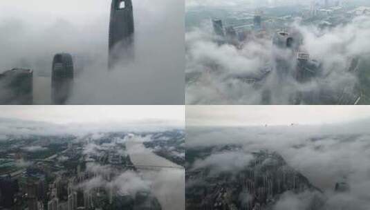 航拍平流云雾下的广州琶洲高清在线视频素材下载