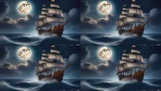 夜晚海洋明月帆船高清在线视频素材下载