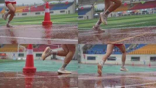 运动场雨中田径比赛运动员奔跑的脚步步伐高清在线视频素材下载