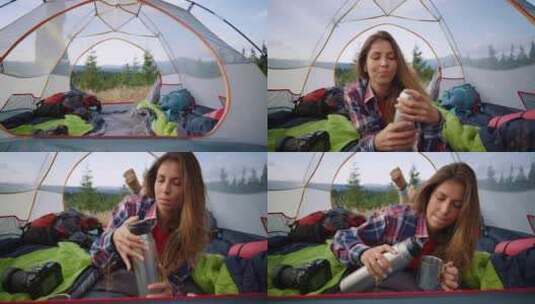 女人，帐篷，露营，坐着高清在线视频素材下载