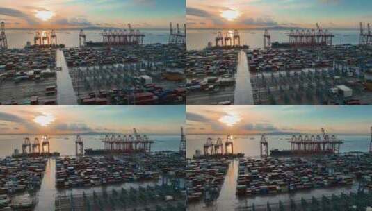 广州南沙港航拍港口日出集装箱码头清晨高清在线视频素材下载