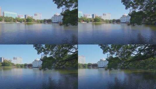 广州流花湖公园欧式城堡建筑与榕树自然景观高清在线视频素材下载