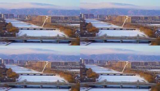 中国内蒙古呼和浩特马头琴桥冬天天际线风光高清在线视频素材下载