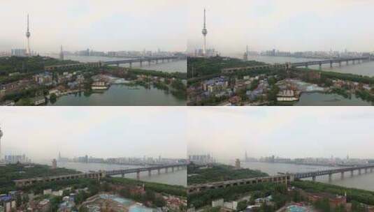 武汉城市长江大桥两岸旧建筑面貌航拍高清在线视频素材下载