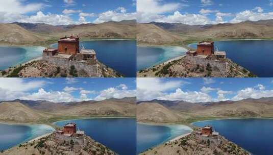 西藏羊湖中的寺庙日托寺航拍高清在线视频素材下载