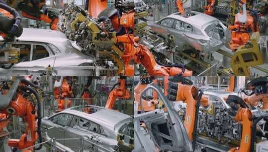 自动化机械臂装配线制造高科技电动汽车高清在线视频素材下载