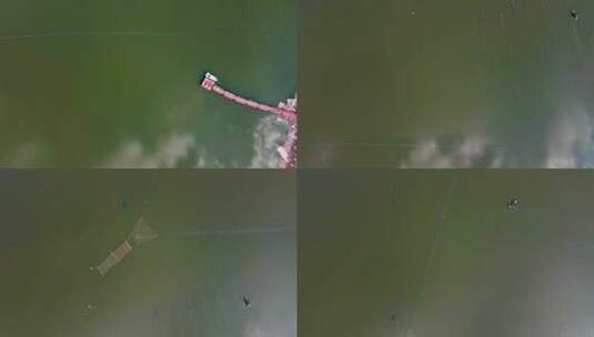 航拍湖中小船渔网高清在线视频素材下载