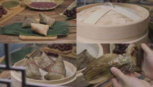 剥粽子蒸粽子成品展示高清在线视频素材下载