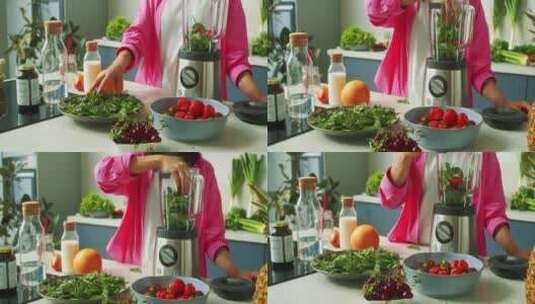 女人在厨房用榨汁机打果蔬汁高清在线视频素材下载