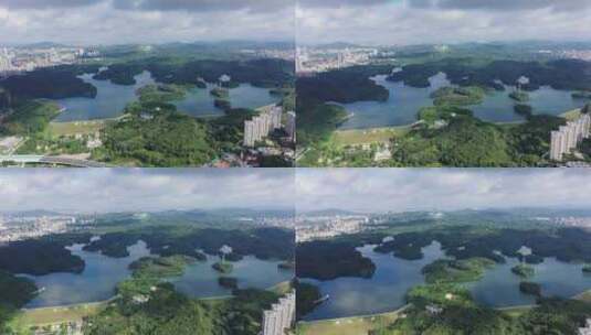 深圳龙华观澜茜坑水库航拍高空全景前进高清在线视频素材下载