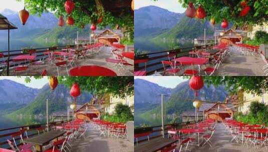 日出时进入阿尔卑斯山哈尔施塔特的一家中餐馆高清在线视频素材下载