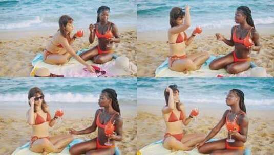 在沙滩上享受假期的多种族女性高清在线视频素材下载