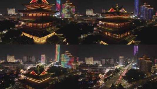 畅游阁前景视角朝阳航拍夜景高清在线视频素材下载