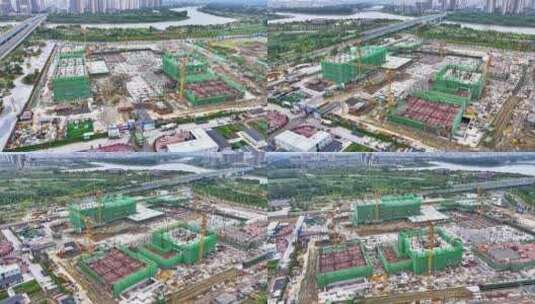 航拍工地建设施工塔吊建筑材料钢筋农民工高清在线视频素材下载