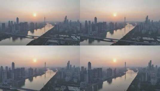 广州夕阳航拍珠江日落广州塔城市建筑风光高清在线视频素材下载