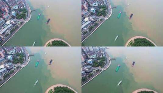 航拍武汉南岸嘴长江与汉江交汇处航行的游船高清在线视频素材下载