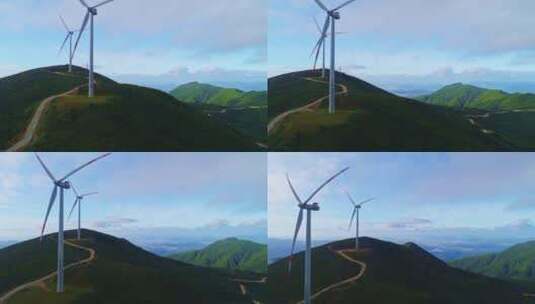 航拍山顶风车风力发电机高清在线视频素材下载