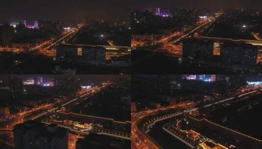 陕西 西安 城墙东北角 航拍 4K夜景高清在线视频素材下载