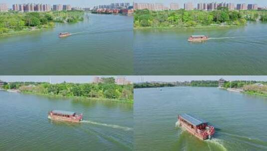东莞航拍华阳湖湿地公园跟船高清在线视频素材下载