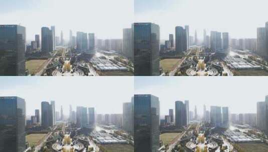 航拍杭州钱江世纪城公园和周边现代建筑高清在线视频素材下载