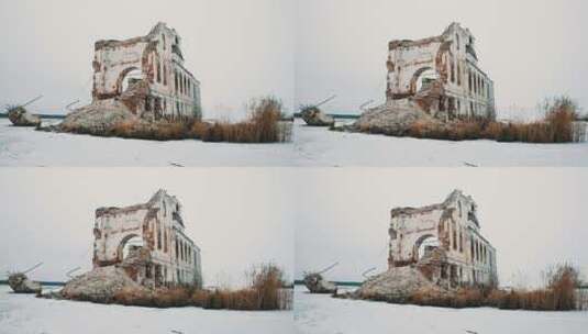 被雪覆盖的教堂废墟高清在线视频素材下载