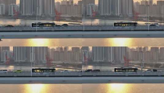 日落卢浦大桥航拍高清在线视频素材下载